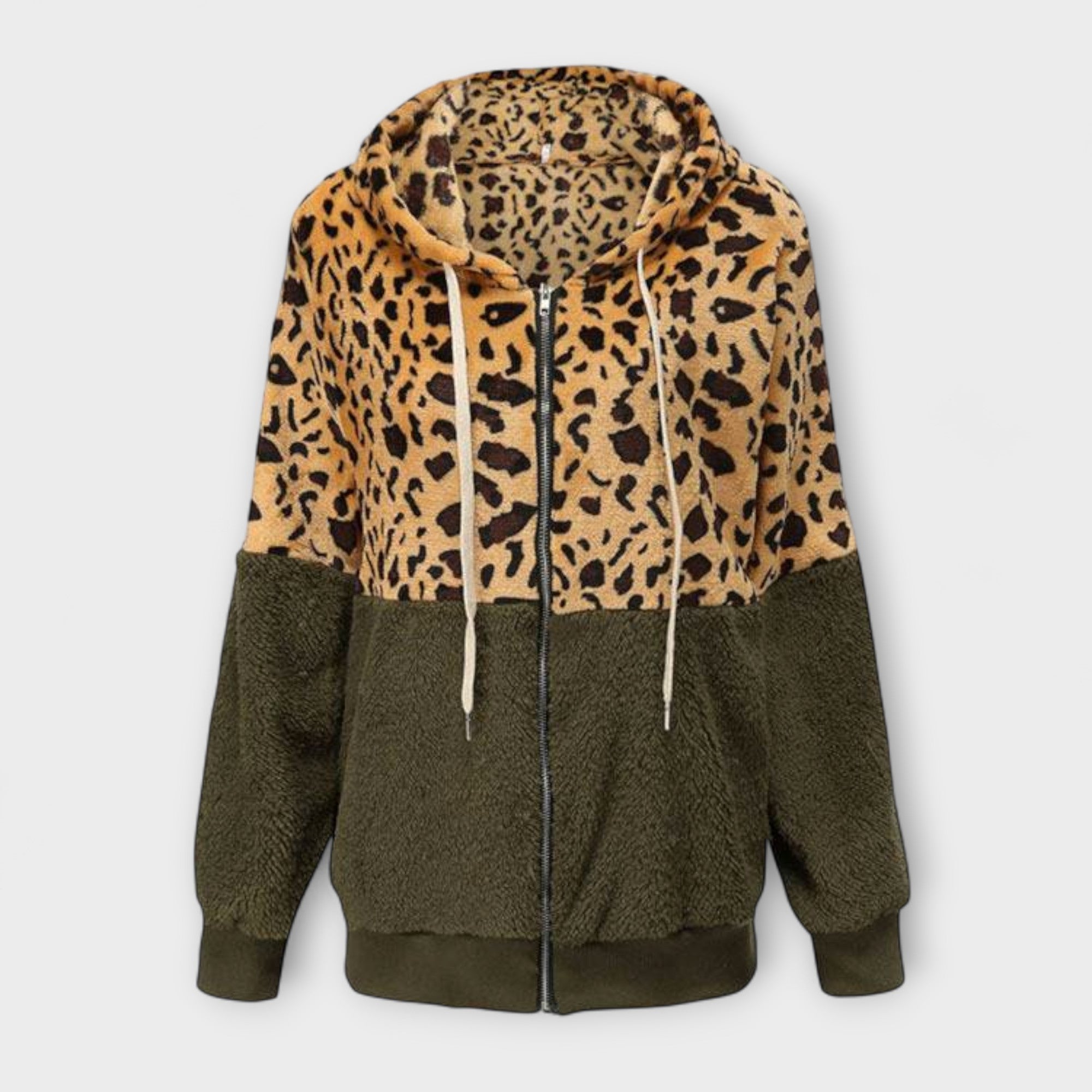 Lea - Fleece džemperis su gobtuvu leopardų raštu
